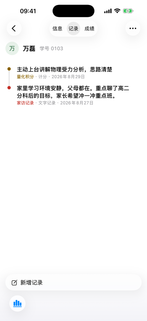 学生记录时间轴：量化积分与家访记录按时间排列
